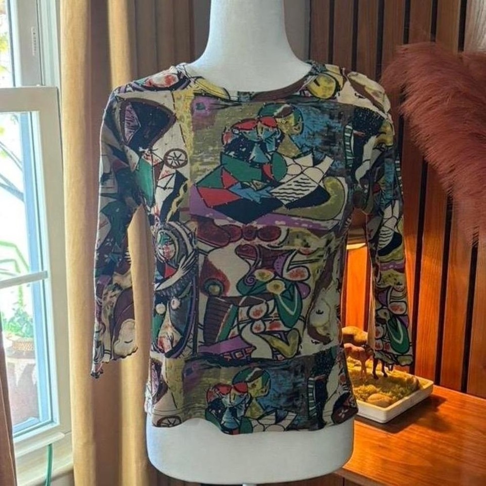 00s Zushi Abstract Pop-Art Print 3/4 Sleeve Cotton Top Women's Sz M Embellished